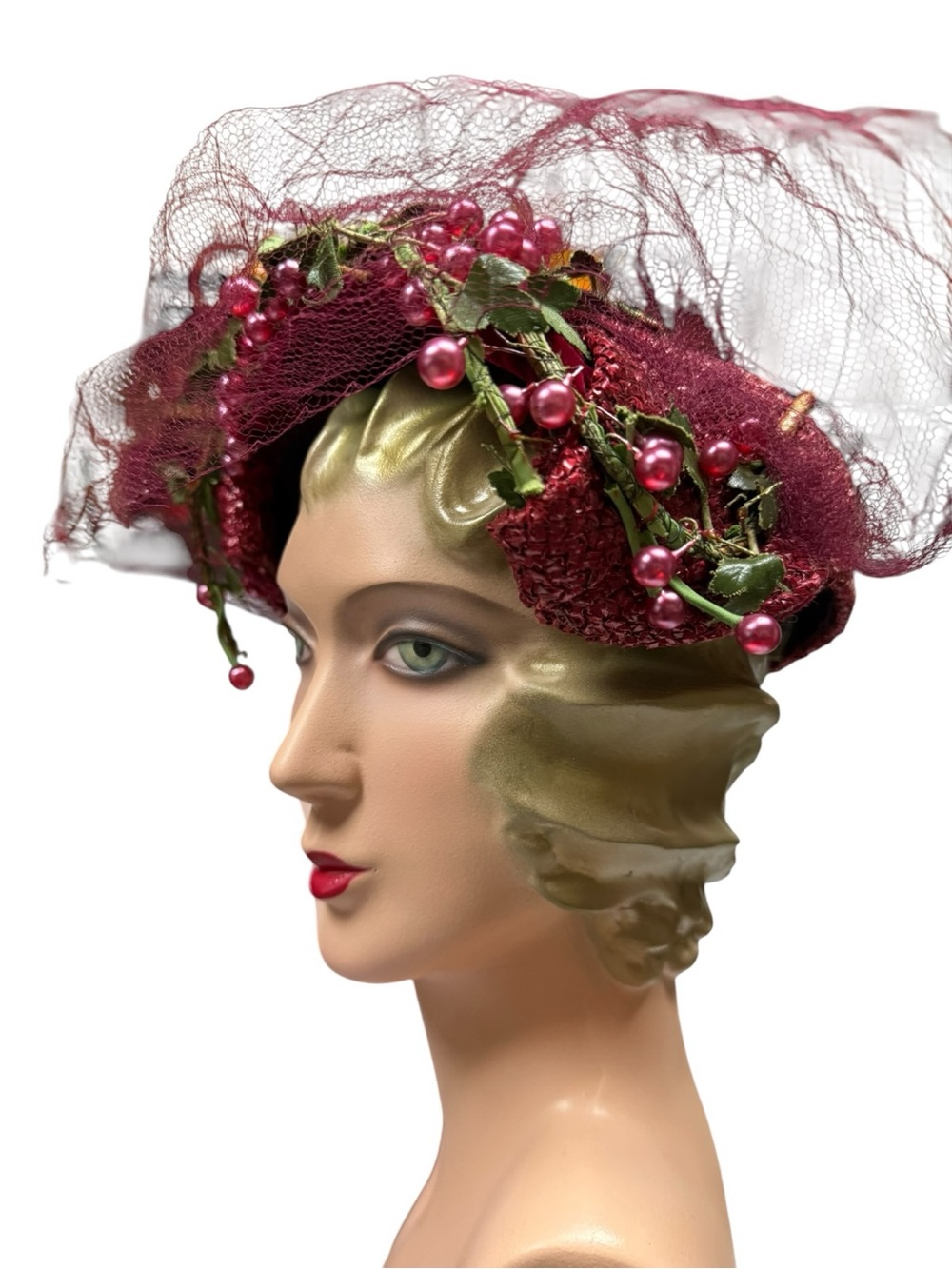 Vintage Eraine Wendling Berry Cocktail Hat with Veil and Bead Trim - Picture 2 of 8
